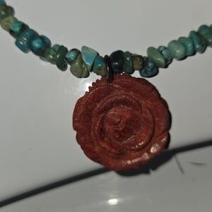 Turquoise and Red Coral Rose Pendant Necklace